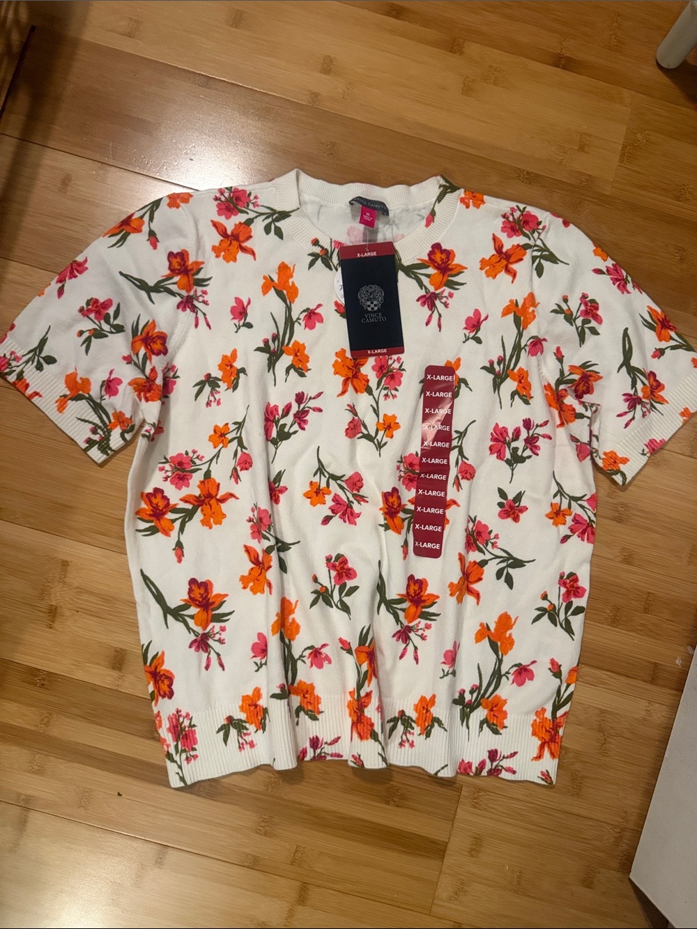 Vince Camuto White Short-Sleeve Knit Top with Pink & Orange Floral Print